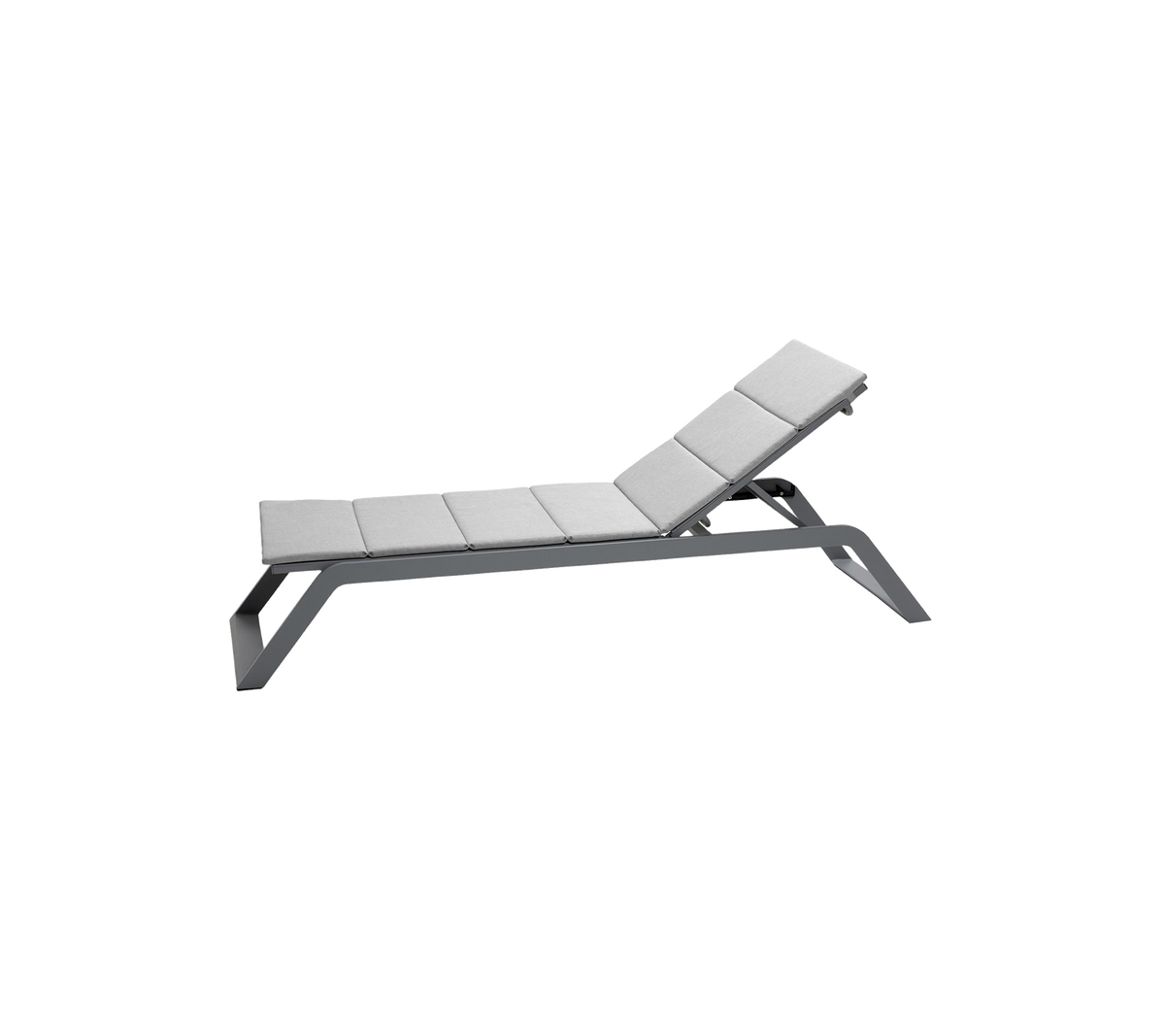 Modern lounge chair with a sleek, gray frame and cushioned seating, designed for relaxation and comfort.
