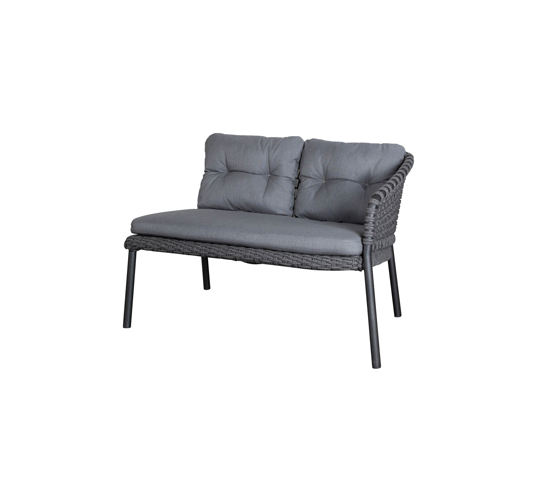Stylish two-seater sofa with gray cushions and a woven design, perfect for relaxation and comfort.