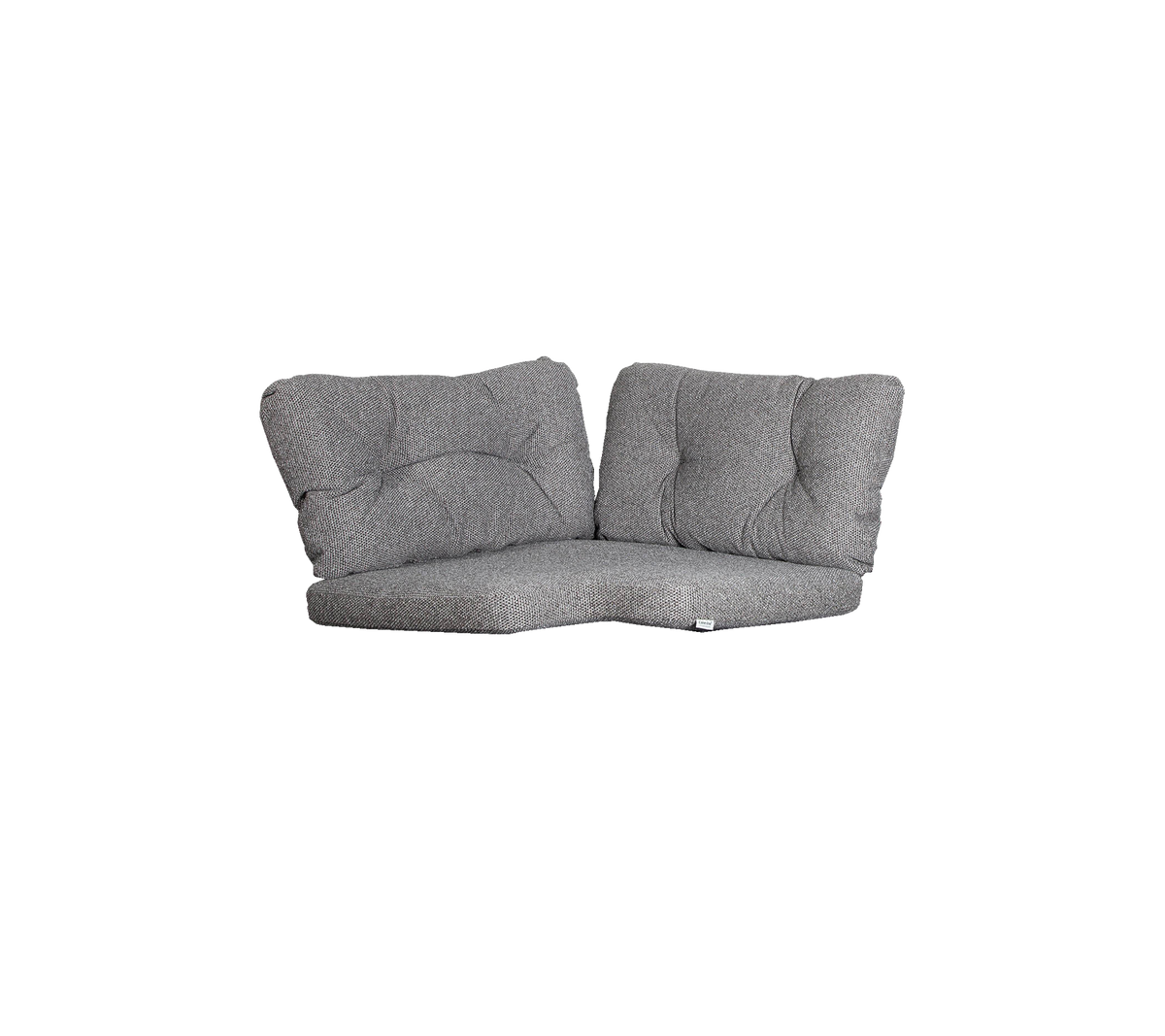 Grey two-seater lounge with plush cushions, featuring a modern design and curved shape for comfort and style.