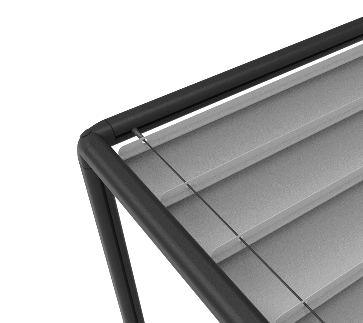 Close-up of a slatted structure with a sleek black frame and metallic slats, designed for shading and light control.