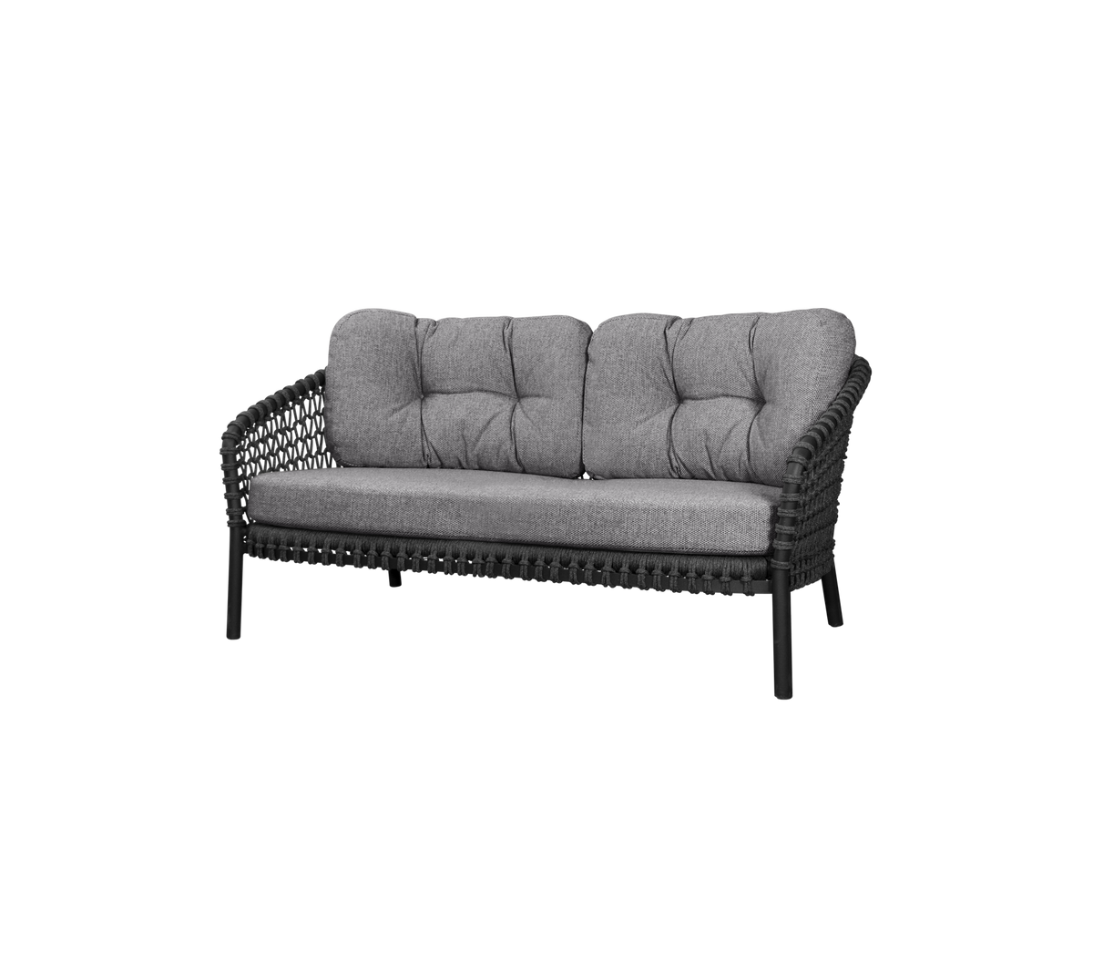 Two-seater sofa with a woven frame and plush gray cushions, designed for comfort and style. Perfect for seating in any space.
