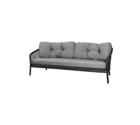 Stylish three-seater sofa with plush gray cushions and a sleek woven frame, perfect for comfortable lounging.
