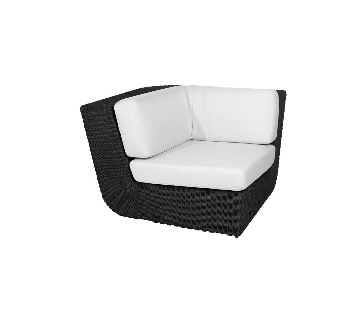 Stylish corner chair with a sleek black woven design and comfortable white cushions, perfect for modern seating arrangements.