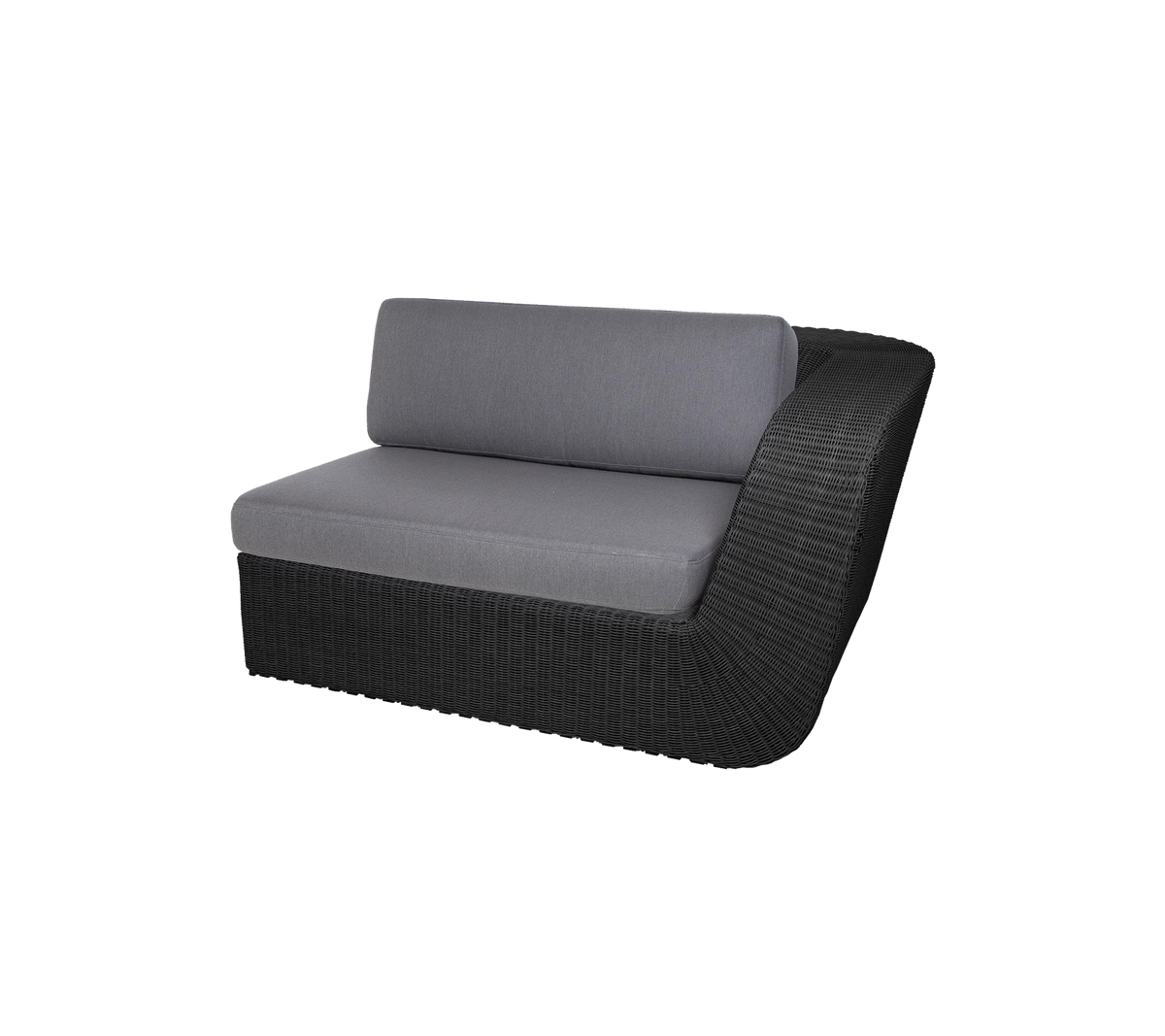 Stylish curved loveseat featuring a sleek black wicker base and comfortable gray cushions for modern seating.