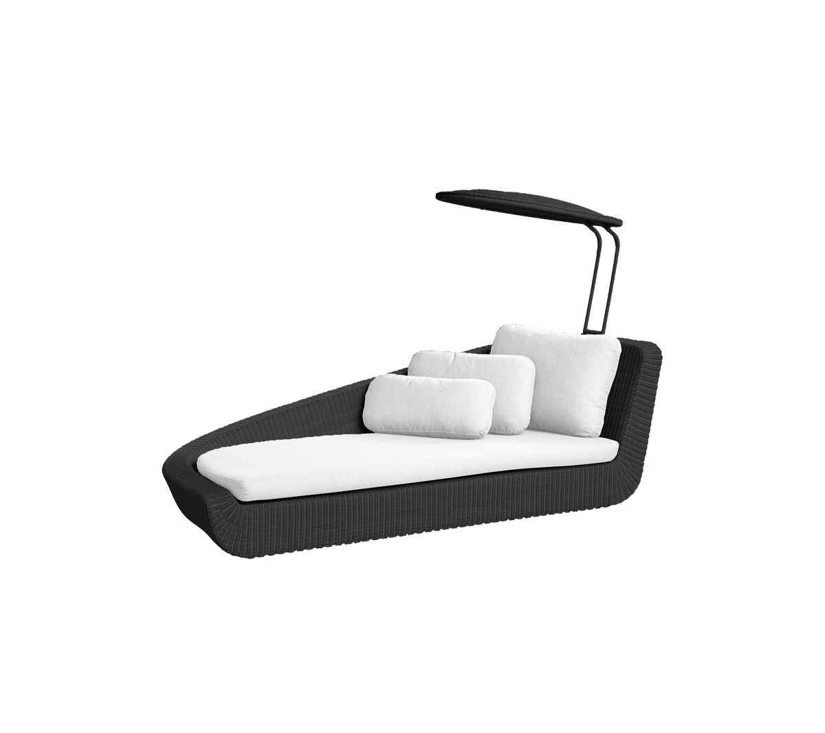 Stylish outdoor lounge chair with a sleek design, featuring plush white cushions and a protective canopy for comfort and relaxation.