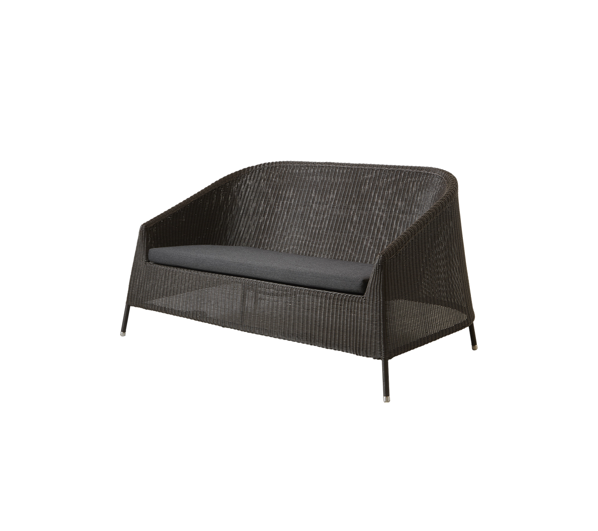 Stylish two-seater sofa with a woven exterior and a comfortable gray cushion, perfect for relaxation and outdoor gatherings.