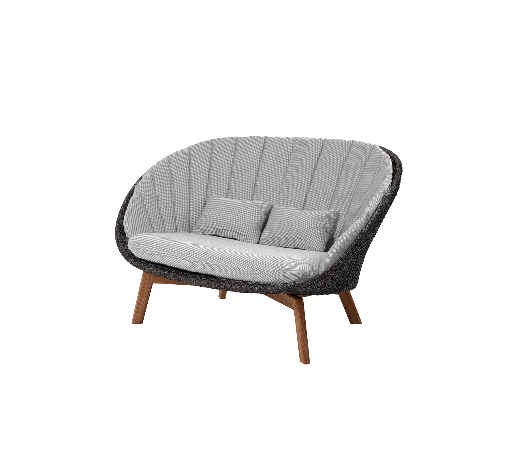 Stylish two-seater sofa with a curved design, featuring grey upholstery and wooden legs, perfect for adding comfort and modern flair.