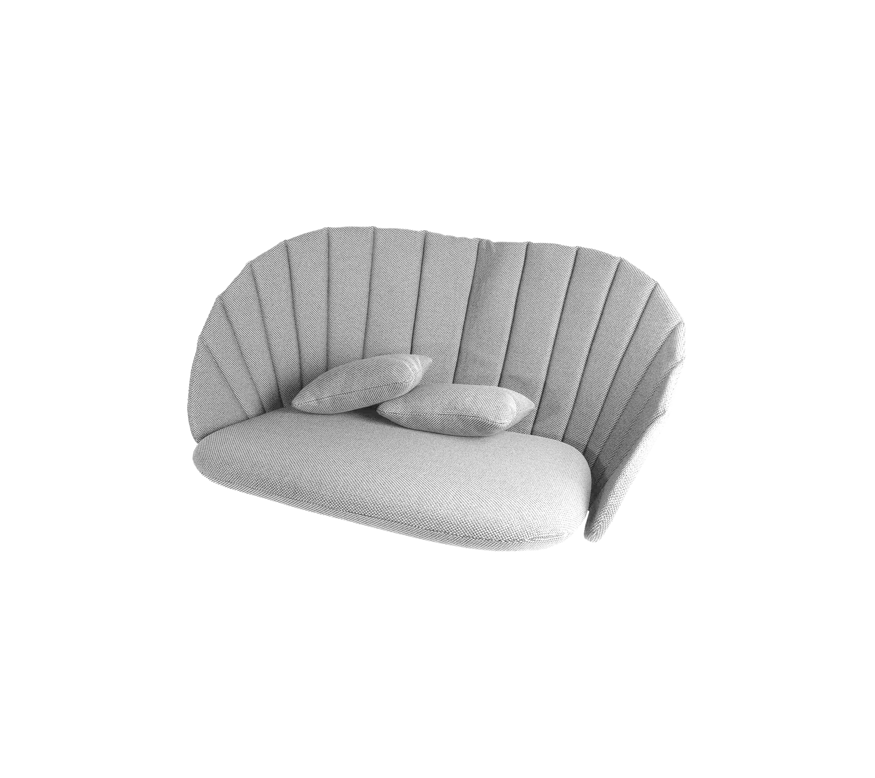 Stylish curved sofa with a soft gray fabric and three plush cushions, featuring a ribbed design for added elegance.