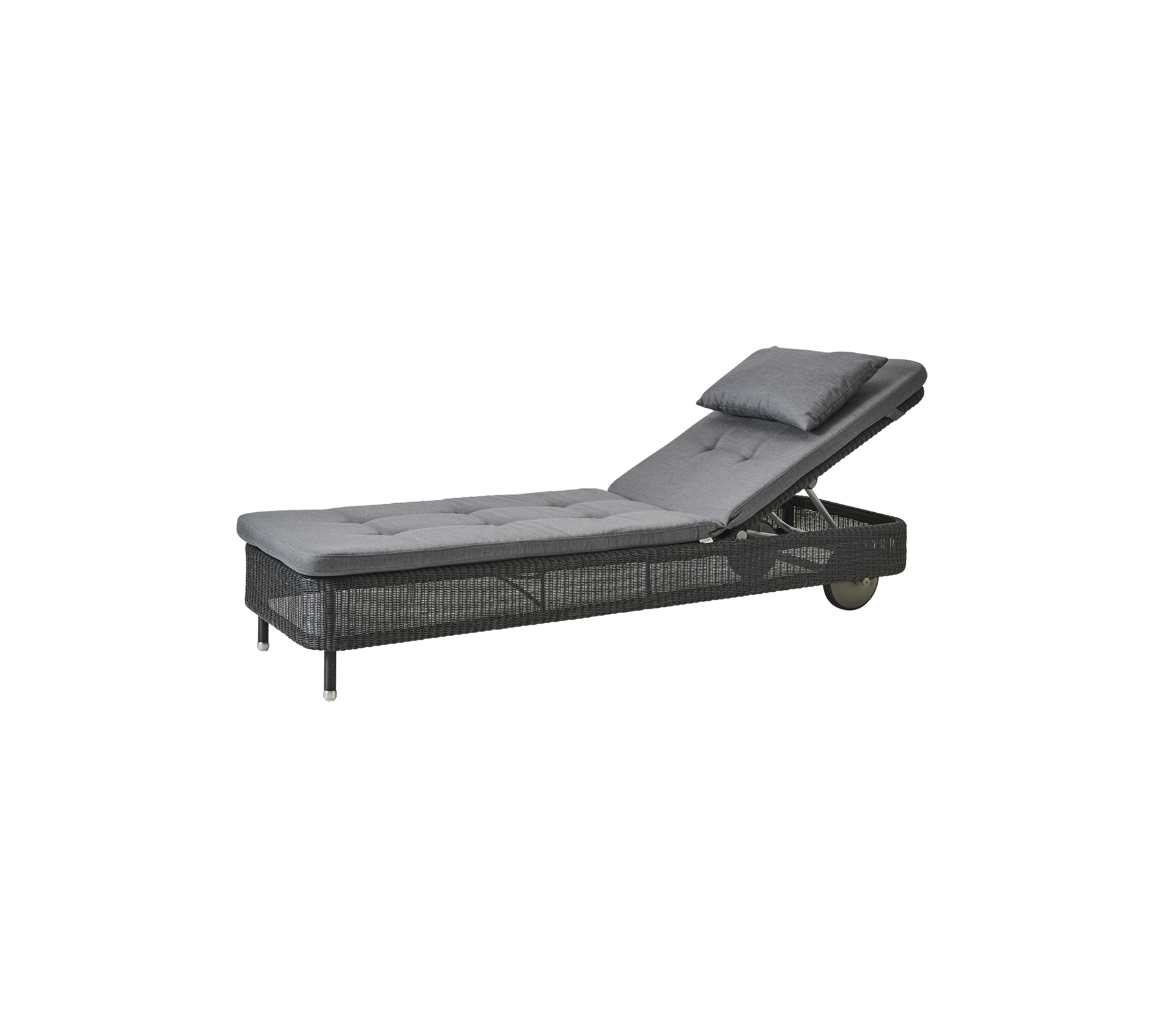 Adjustable chaise lounge with a soft gray cushion and a textured base, perfect for relaxation in any setting.