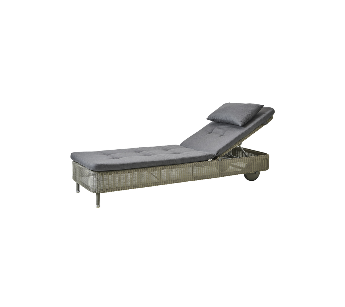 Stylish chaise lounge with a gray cushion, featuring a sleek design and adjustable backrest for relaxation.