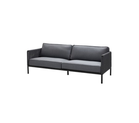 Stylish two-seater sofa with a black frame and gray cushions, featuring a woven design for added texture and comfort.
