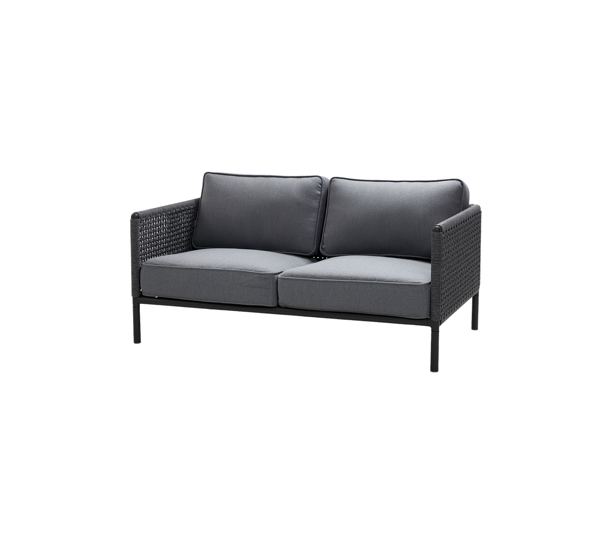 Two-seater sofa with a sleek black frame and dark gray cushions, designed for comfort and style. Perfect for casual seating areas.