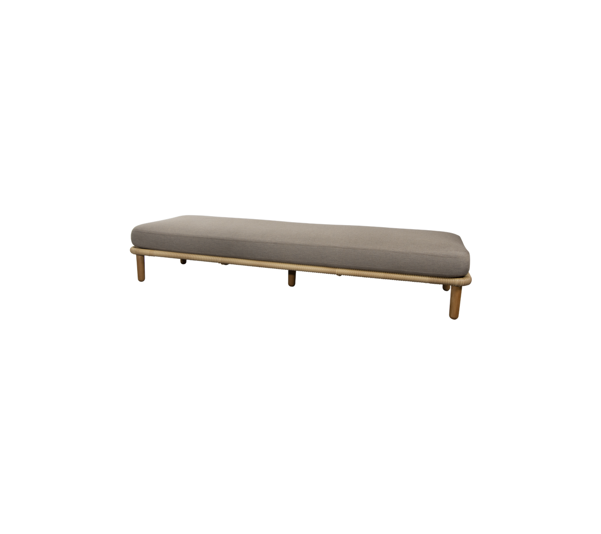 A sleek, minimalist bench with a smooth gray cushion and wooden legs, designed for versatile seating in various spaces.
