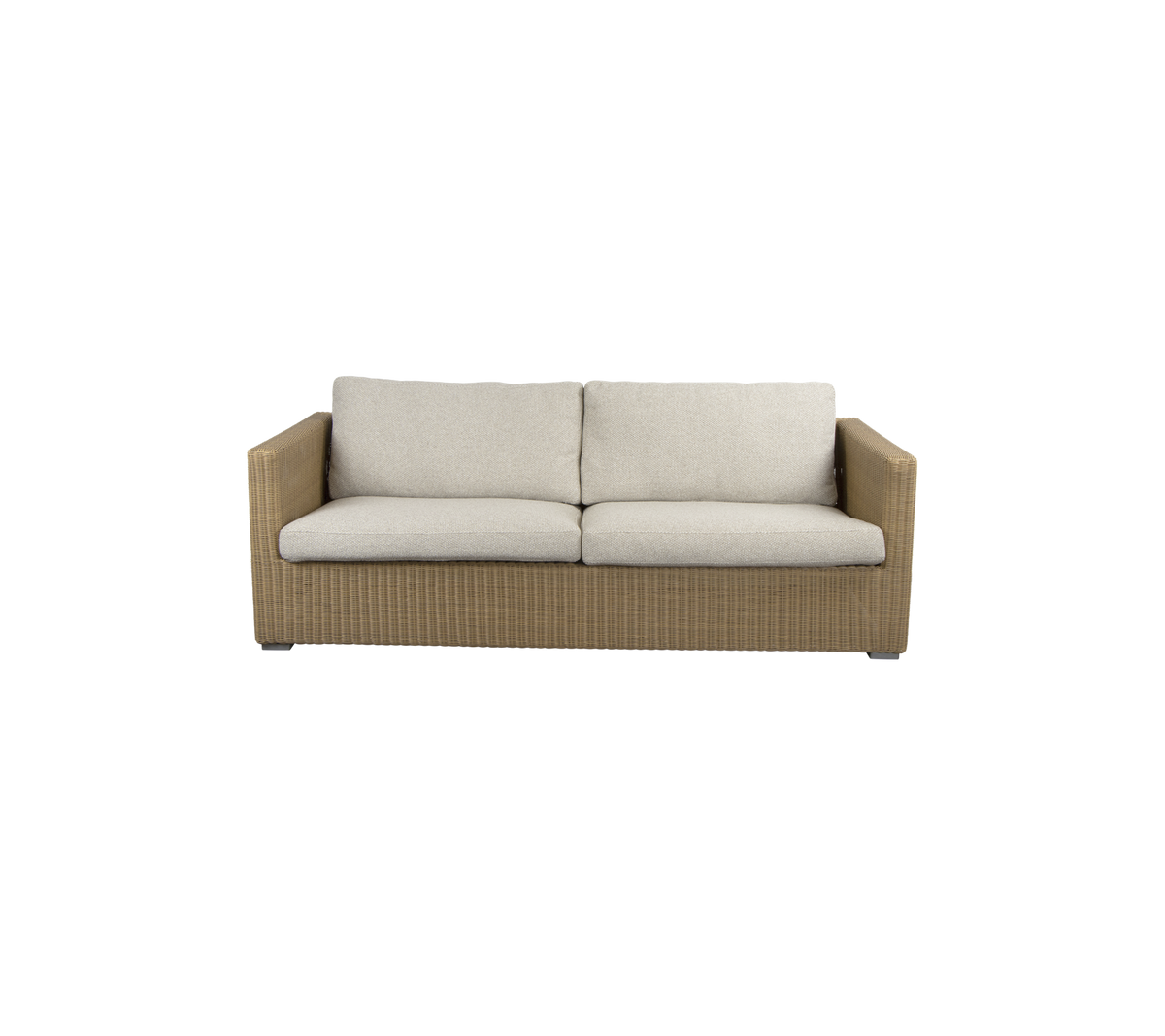 A stylish, two-seater sofa featuring a woven base and soft, neutral-colored cushions for comfort and modern design.