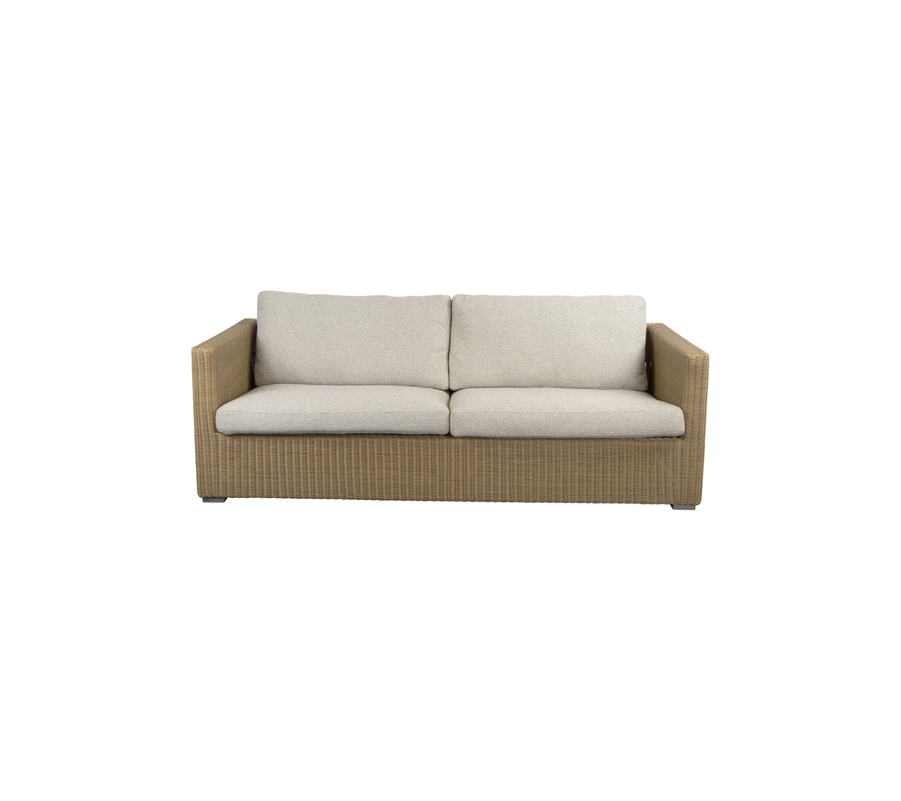 A stylish, two-seater sofa featuring a woven base and soft, neutral-colored cushions for comfort and modern design.