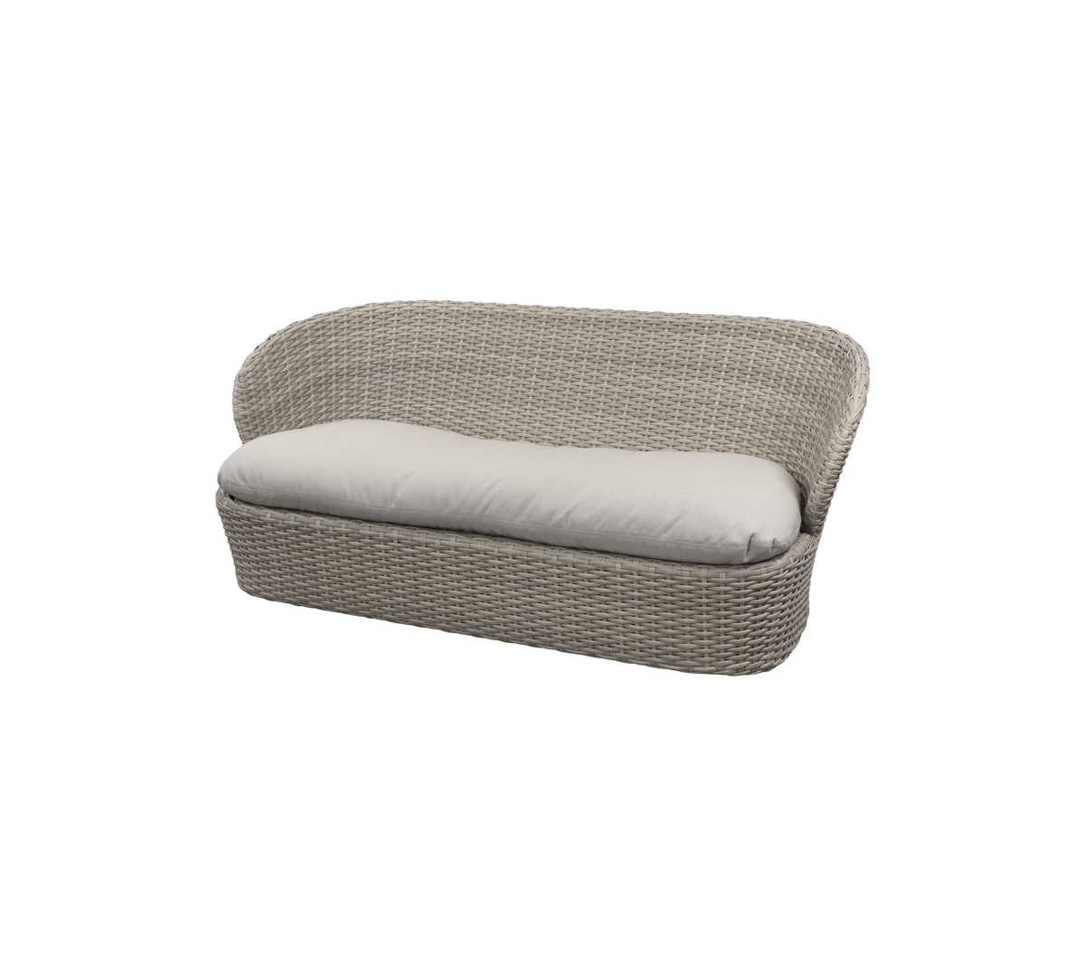 Woven two-seater sofa with a soft cushion, featuring a modern design and neutral color. Ideal for relaxation and comfort.