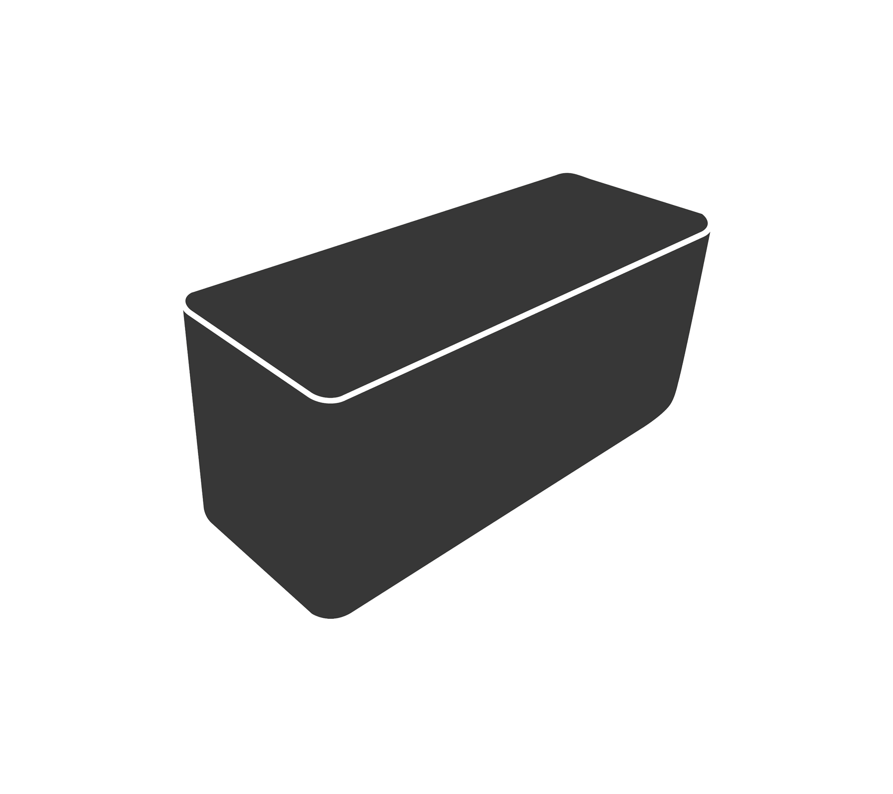 Gray storage box with a rectangular lid and sloped sides. Ideal for organizing various items.