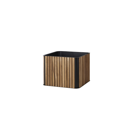 Square planter with a wooden slatted design and a black base, ideal for displaying plants and enhancing any space.