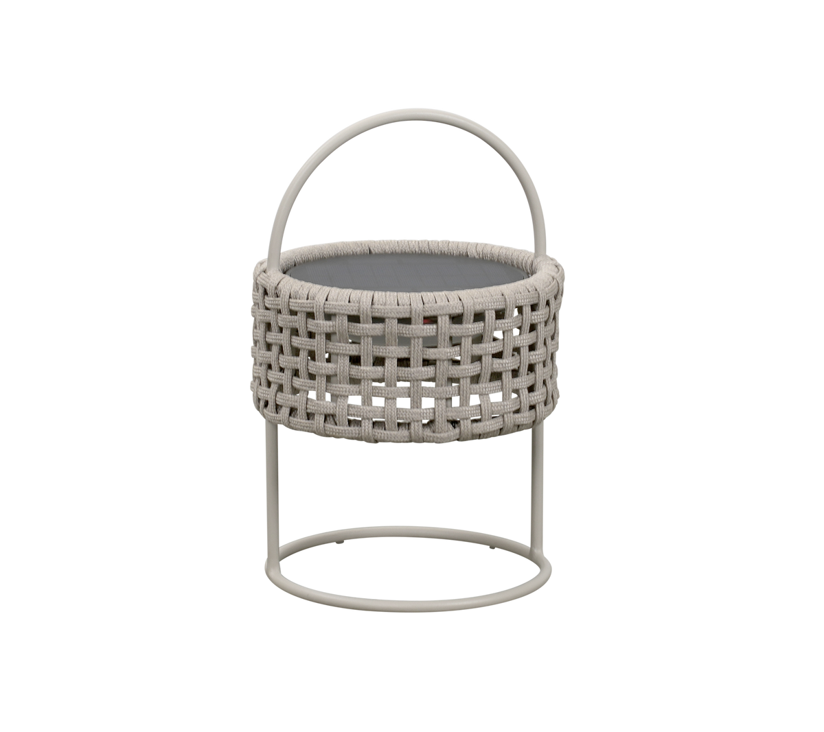 Woven round basket with a handle, resting on a minimal metal stand, perfect for storage or decorative use.