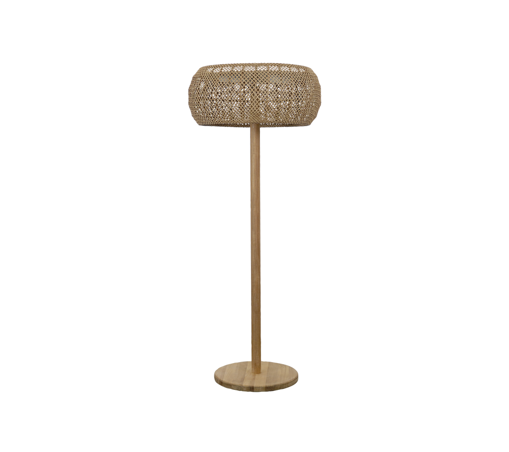 Natural lamp with a woven shade and a simple base.