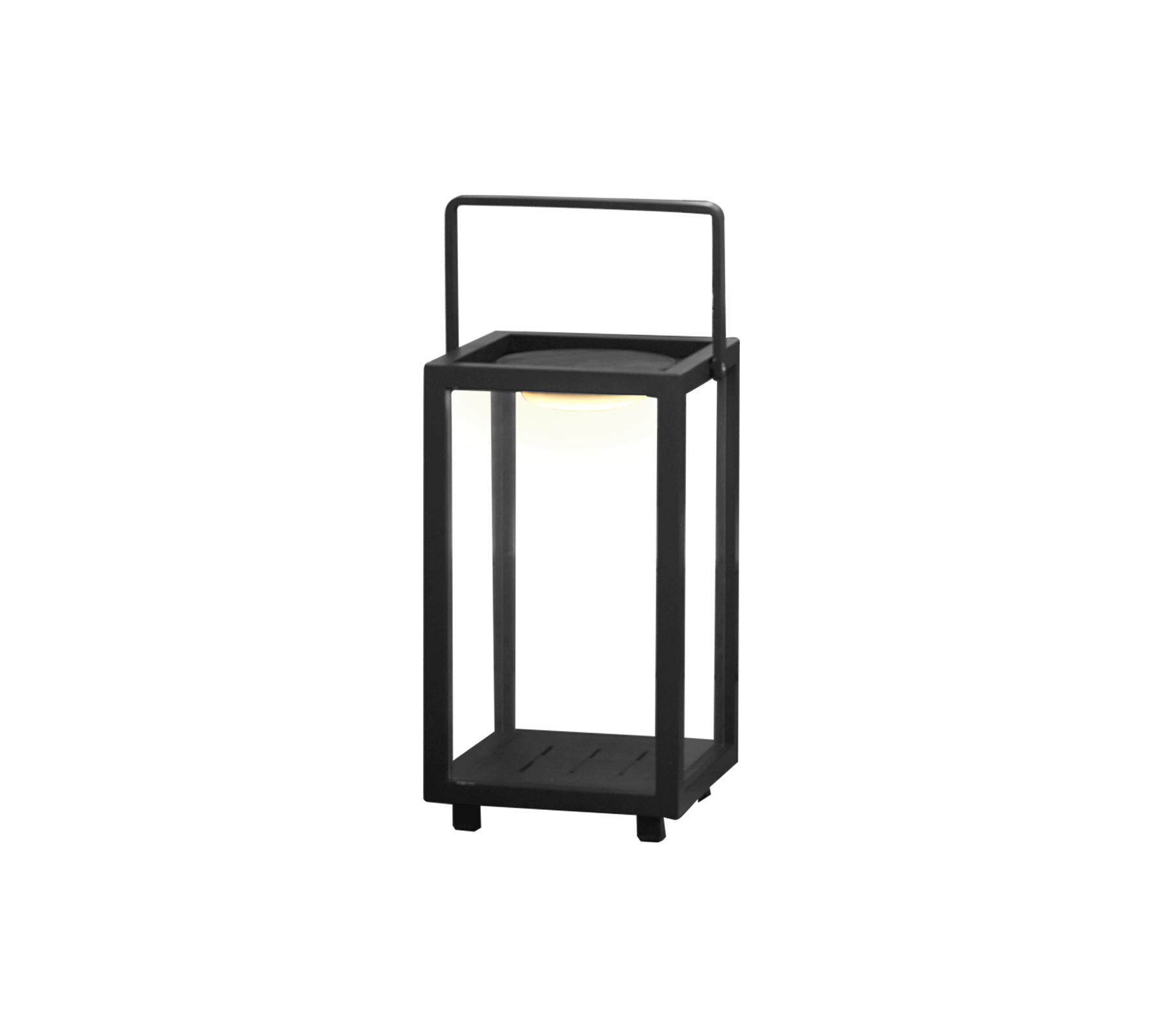 A modern LED lamp design featuring a square frame and handle, with a soft glowing light in the center.