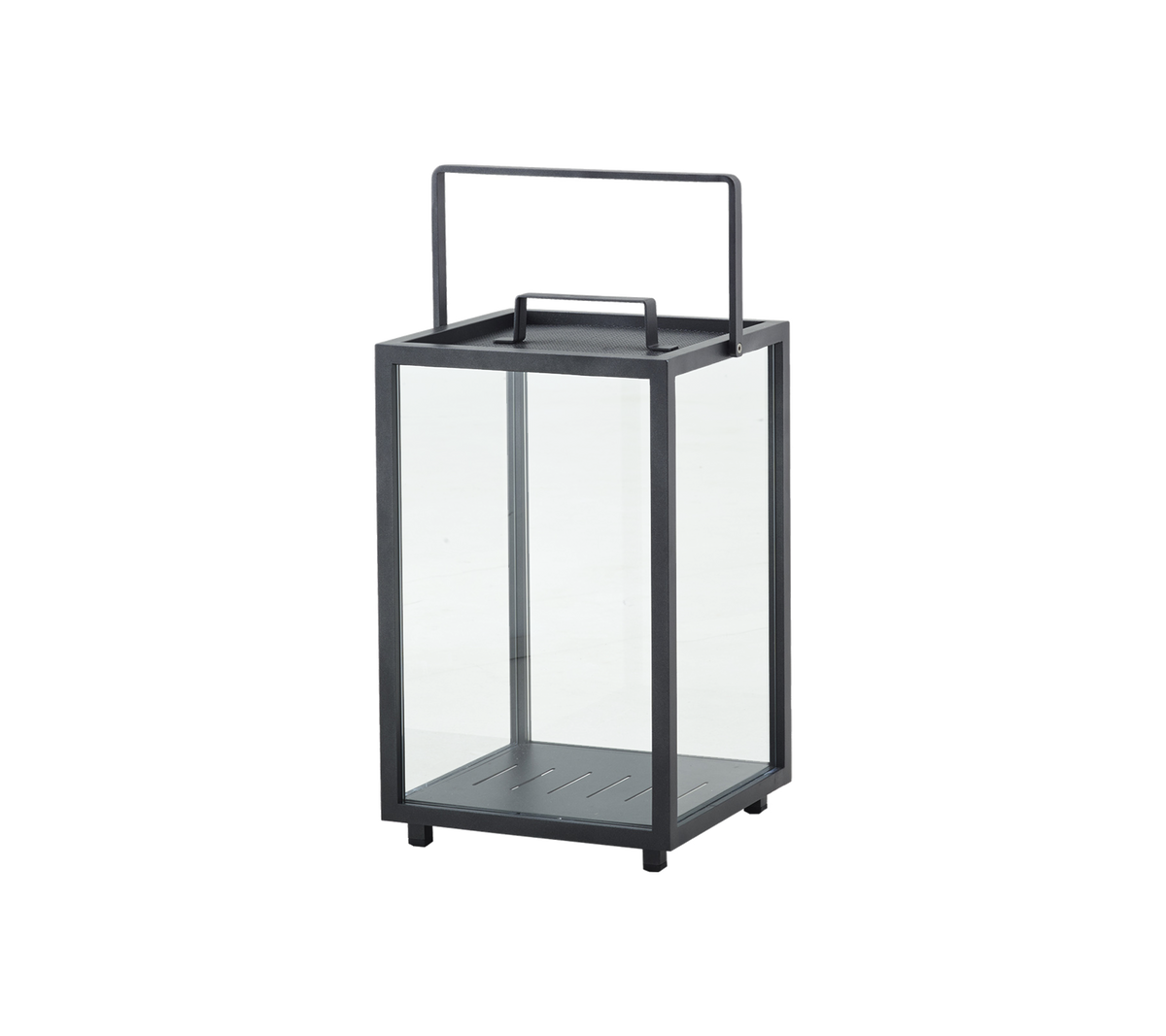 Glass lantern with a metal frame and handle, featuring a sleek design for decorative use or illumination.