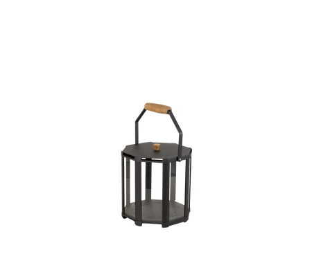 Stylish lantern with a black metal frame and wooden handle, designed to hold a candle or light source.