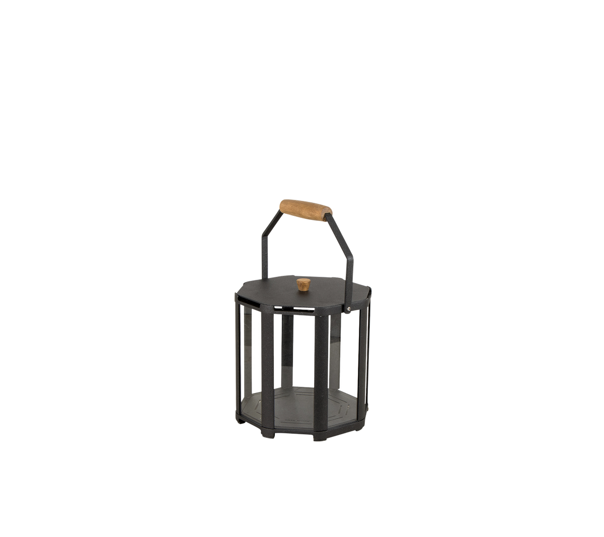 Stylish lantern with a black metal frame and wooden handle, designed to hold a candle or light source.