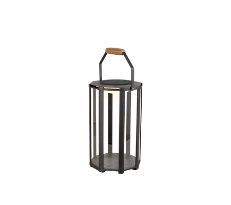 Stylish lantern with a metal frame and a wooden handle, featuring LED lighting for a modern touch.