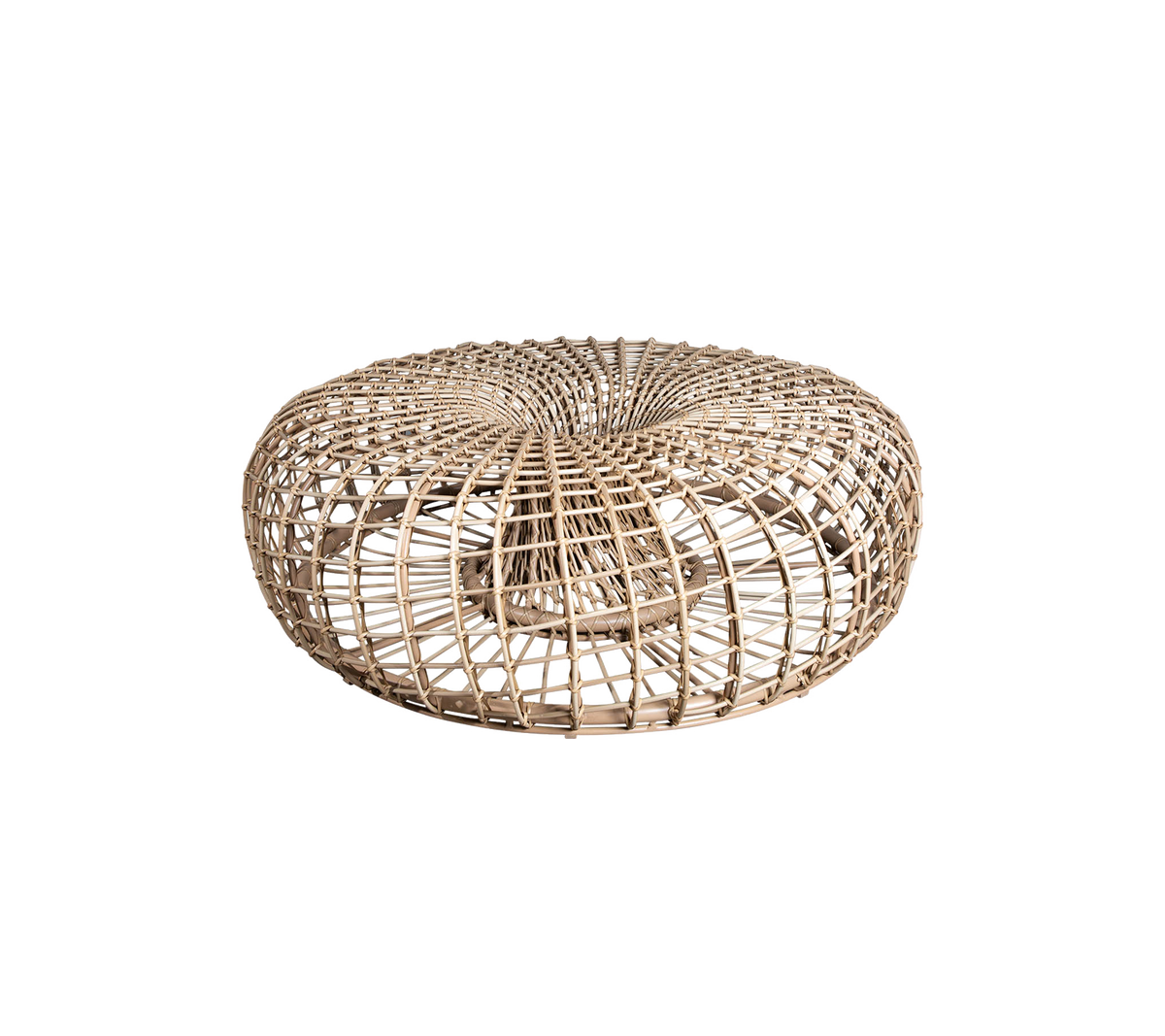 Round woven natural fiber pouf with a textured design, perfect as a versatile accent piece for any space.