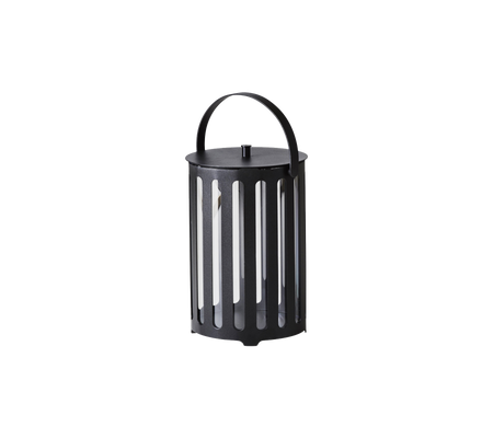 Black lantern featuring a cylindrical design with vertical slits and a handle for easy carrying. Suitable for decorative lighting.