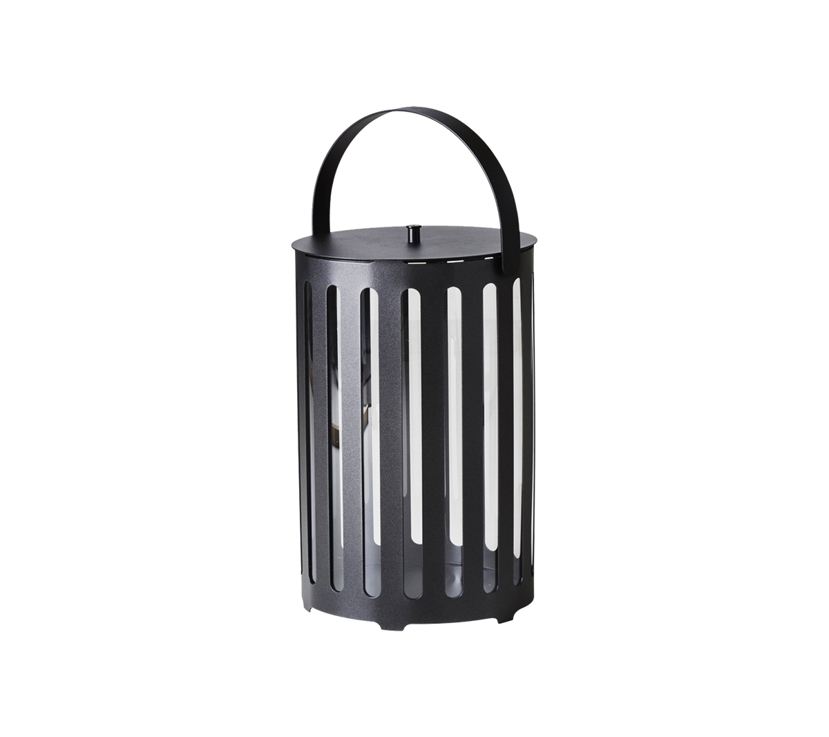 Black metal lantern with vertical slats and a handle, designed for decorative lighting.
