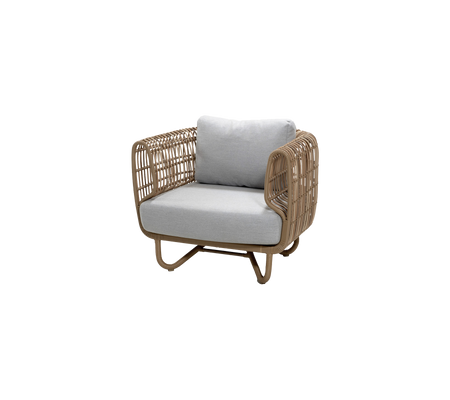 Stylish armchair featuring a woven frame and a comfortable grey cushion, perfect for cozy seating in any space.