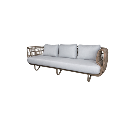 Three-seat sofa with a woven frame and light gray cushions, offering a modern and comfortable seating option.