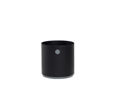Black cylindrical container with a smooth finish and a small circular detail on the side, perfect for various storage needs.