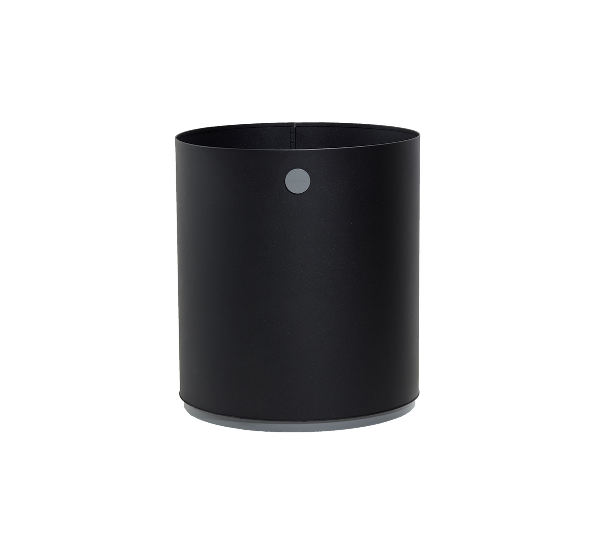 Black cylindrical container with a smooth matte finish and a small circular detail on the side, ideal for various storage needs.