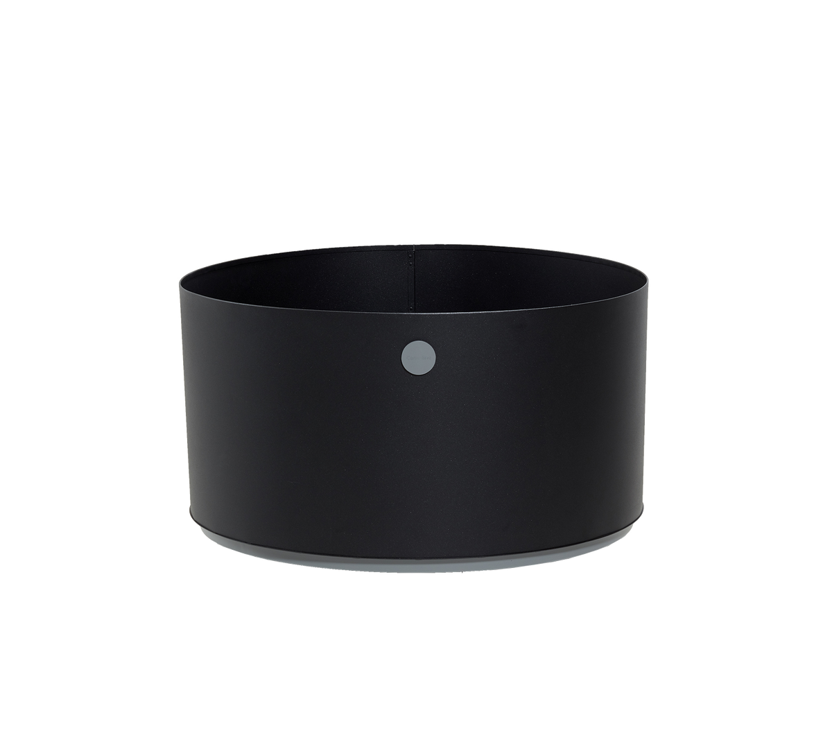 Round black container with a minimalist design and a small gray dot accent. Perfect for versatile storage and organization needs.