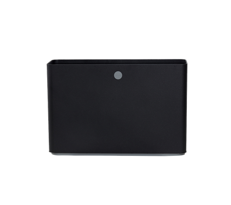 Black storage box with a sleek design and a small circular button on the front. Ideal for organizing items efficiently.