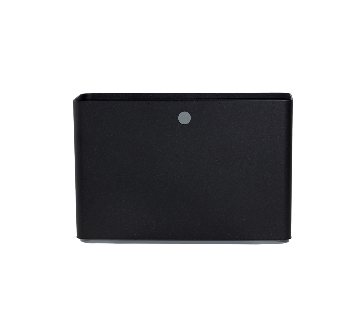 Black storage box with a sleek design and a small circular button on the front. Ideal for organizing items efficiently.