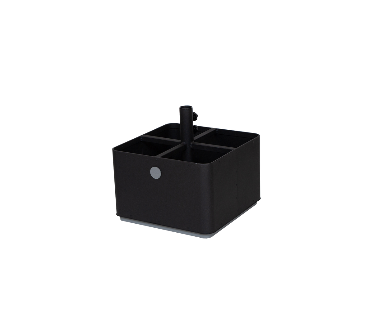 Black storage organizer with multiple compartments and a central divider for various office or home items.