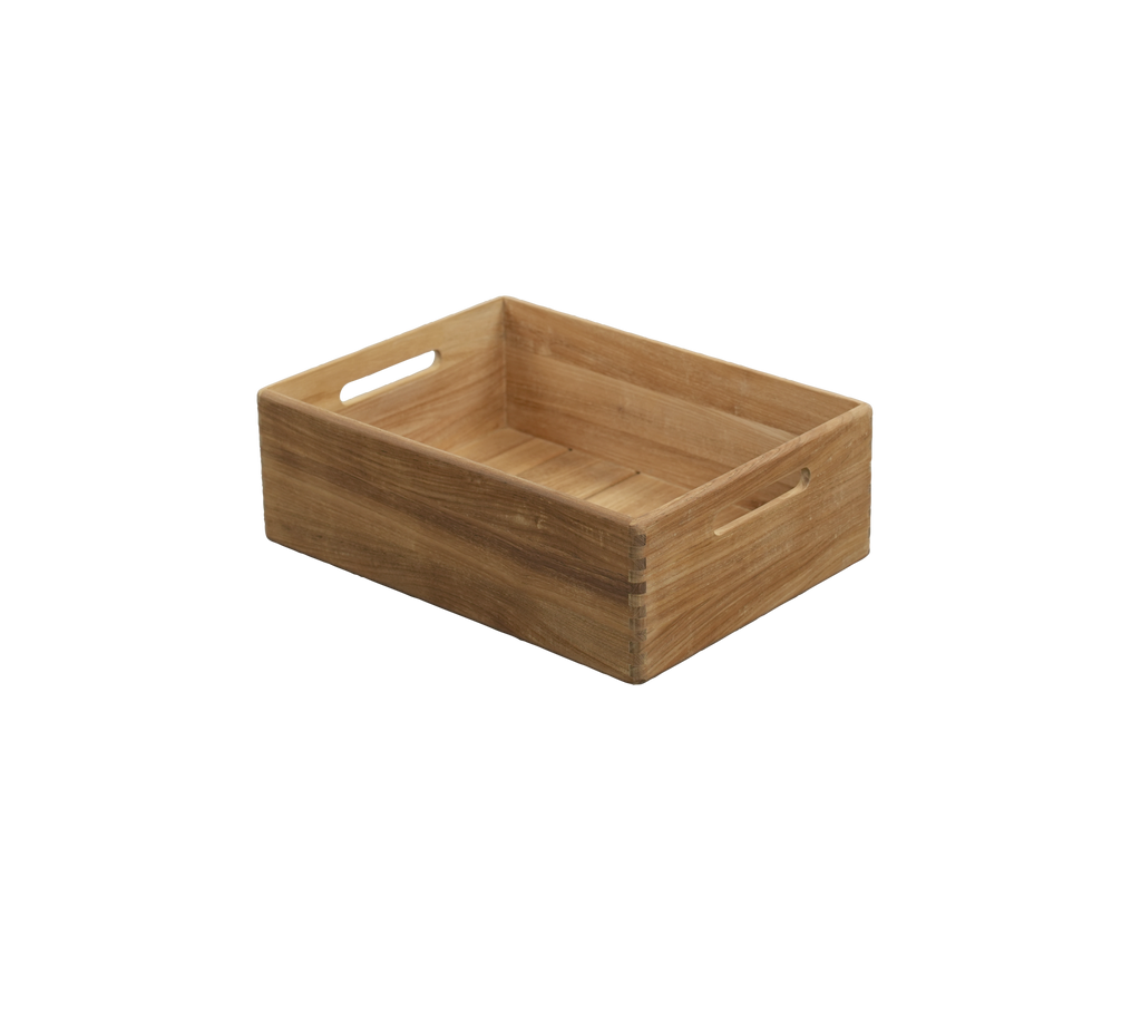 Teak tray with built-in handles, featuring a simple and functional design.