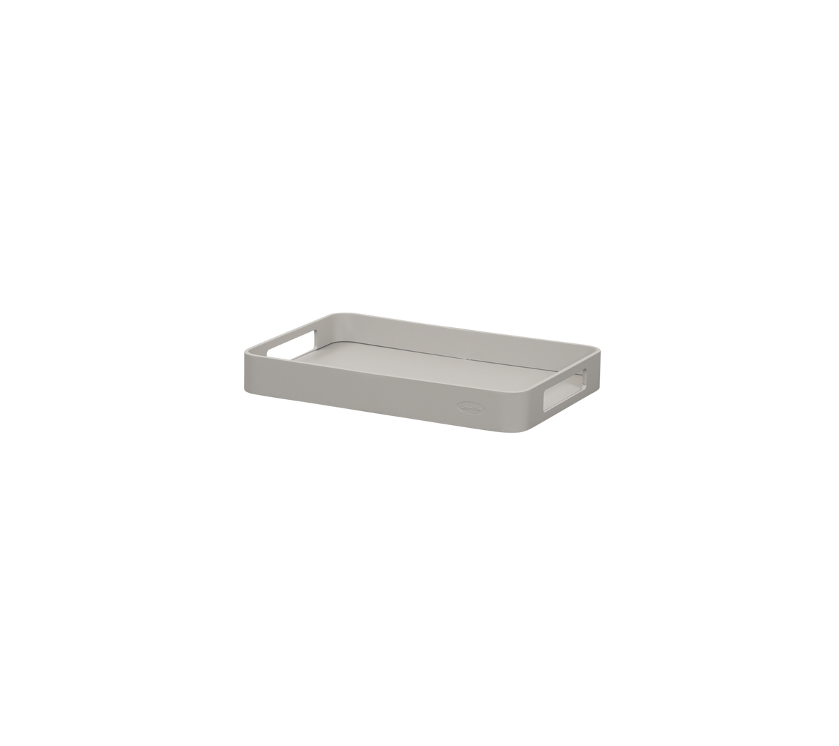 Gray rectangular tray with raised edges and handles, designed for holding and organizing items.