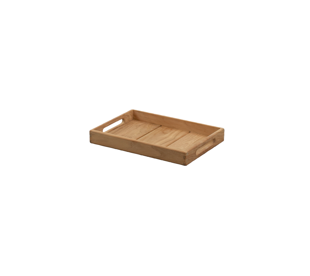 Rectangular teak tray with handled sides.