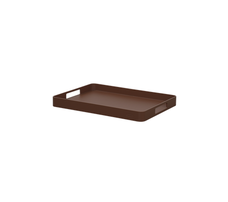 Brown serving tray with raised edges and handles for easy carrying. Suitable for organizing items or serving food and drinks.