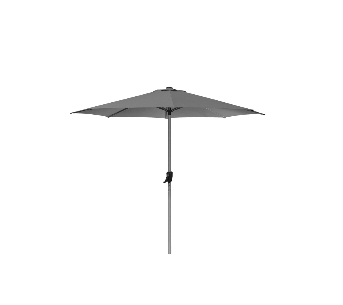 Gray patio umbrella on a slender pole, featuring a tilting mechanism for versatile shade coverage.