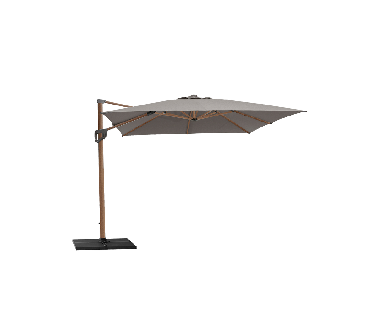 Stylish parasol with a beige canopy and wooden frame, supported by a sturdy black base, perfect for creating shade and enhancing outdoor spaces.