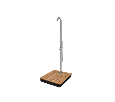 Stylish outdoor shower with a sleek design, featuring a sturdy base and a tall, curved showerhead for an elegant look.