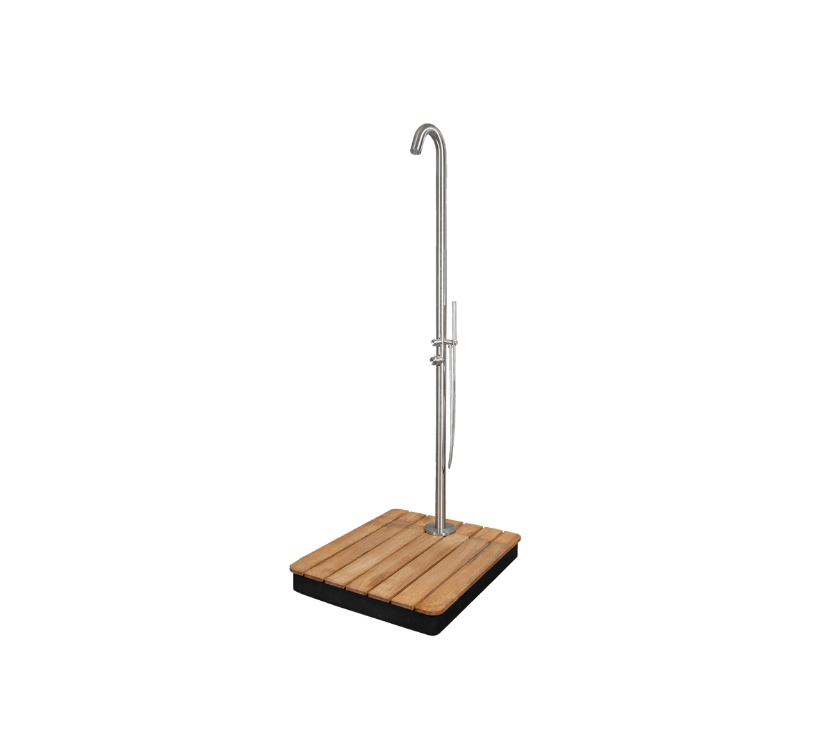 Stylish outdoor shower with a sleek design, featuring a sturdy base and a tall, curved showerhead for an elegant look.