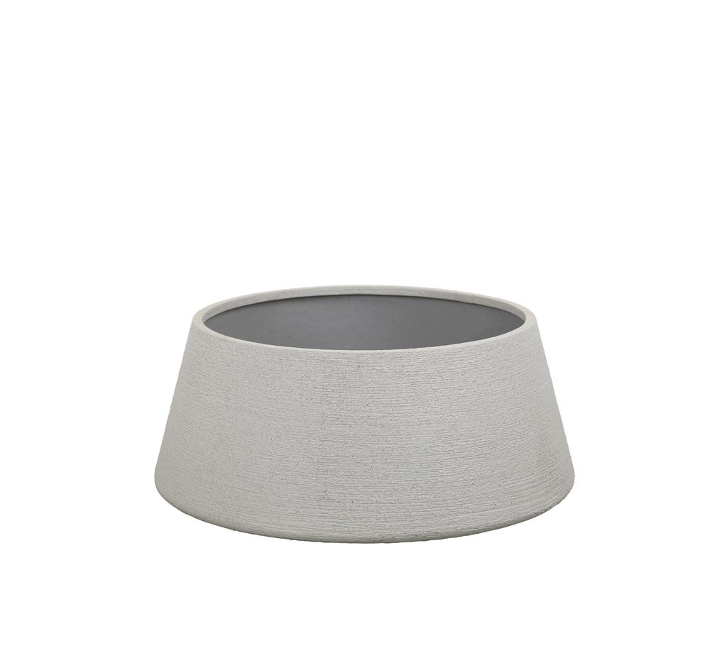 Grey bowl with a textured exterior and dark interior.