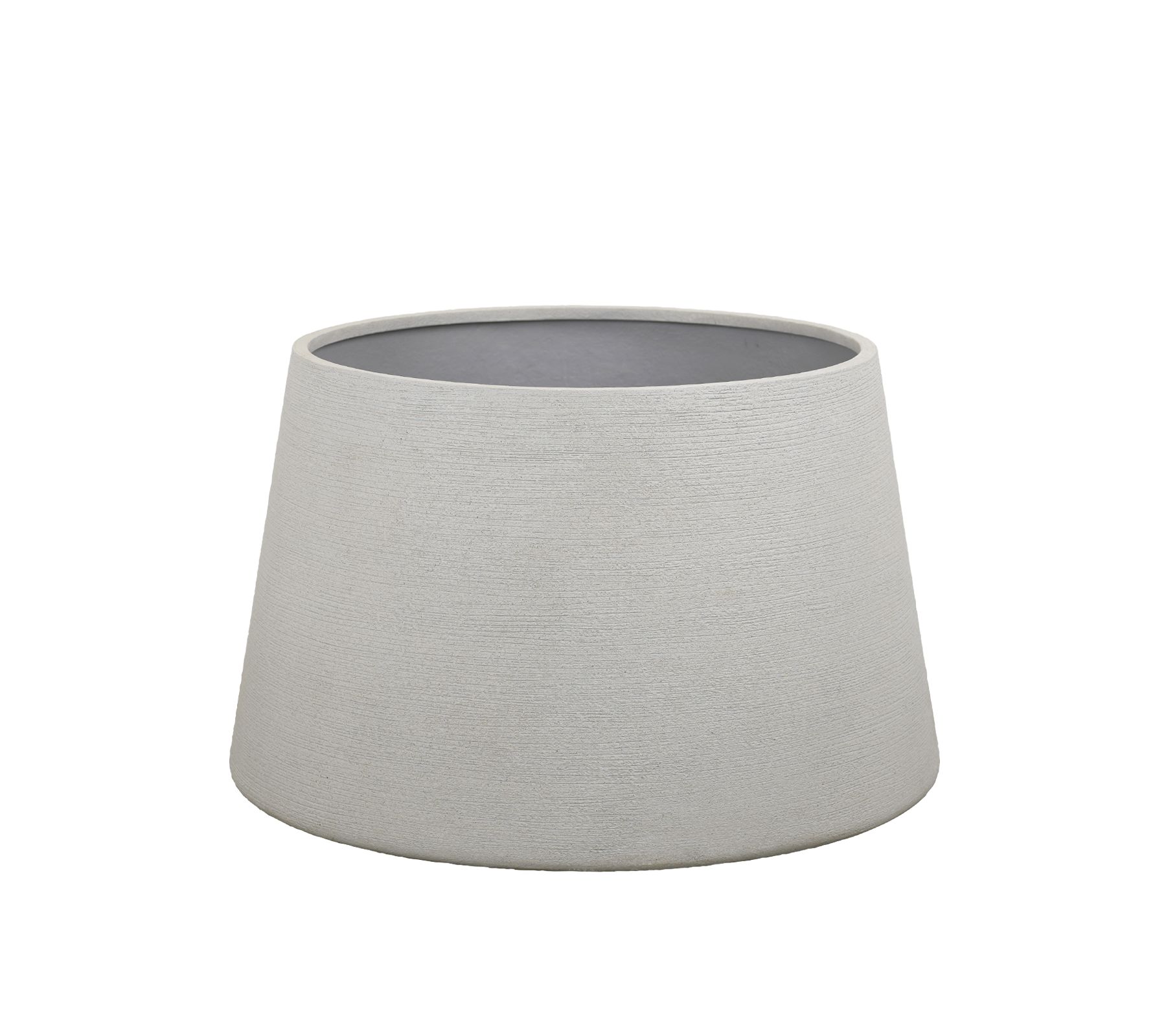 Grey planter with a modern design, featuring a tapered shape.